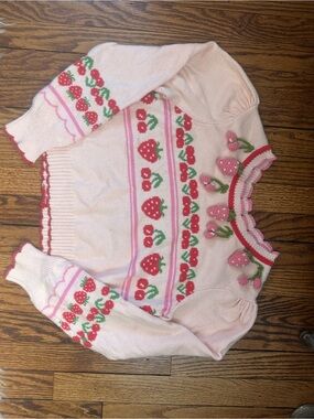 LoveShackFancy Pink Strawberry Embellished Sweater